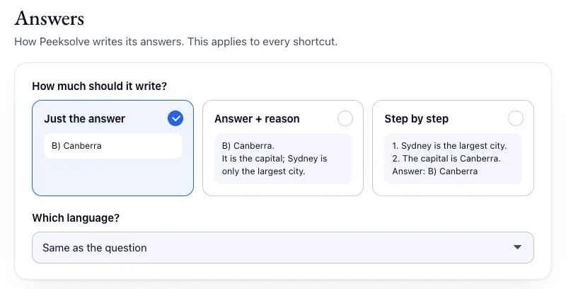 Peeksolve settings: how much it should write, and in which language