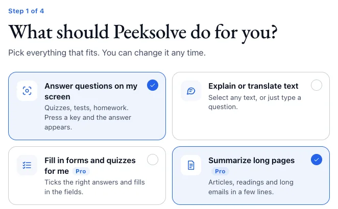The Peeksolve setup page asking what Peeksolve should do for you