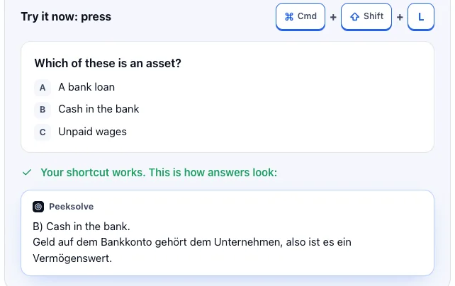 The last setup page: a practice question and the answer after pressing the shortcut